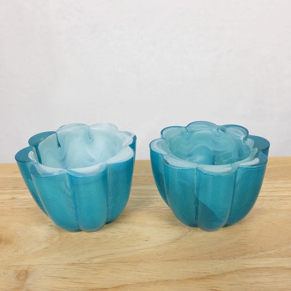 Teal Glass Votive Holders Flower Shape Swirl GlassDecorative Bowl Coastal MCM‎